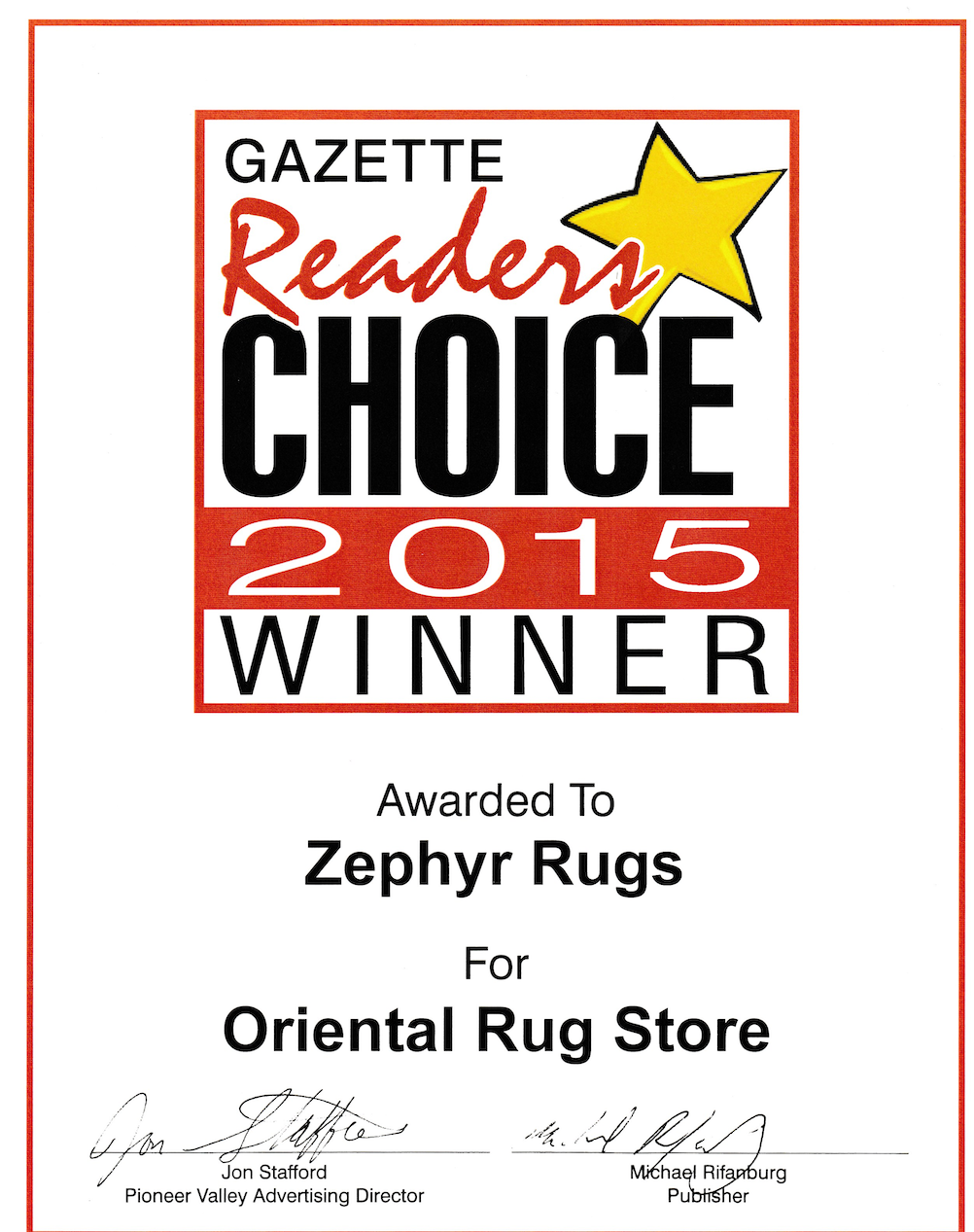 Zephyr Rugs Voted Best Oriental Rug Store by Hampshire Gazette Reader's Choice 2015