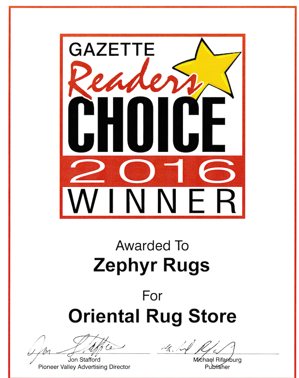 Zephyr Rugs Voted Best Oriental Rug Store by Hampshire Gazette Reader's Choice 2016