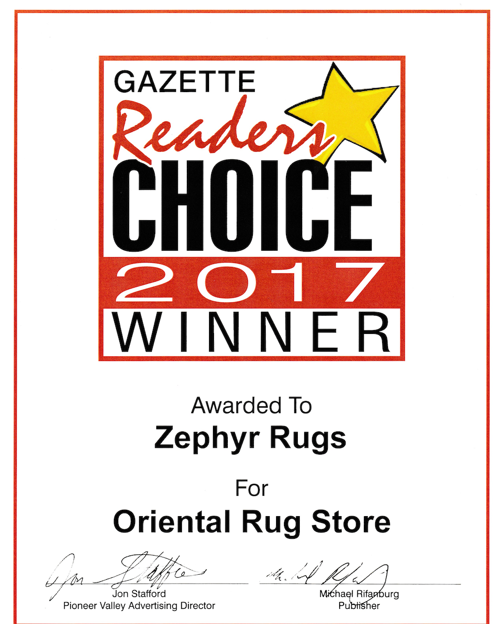 Zephyr Rugs Voted Best Oriental Rug Store by Hampshire Gazette Reader's Choice 2017